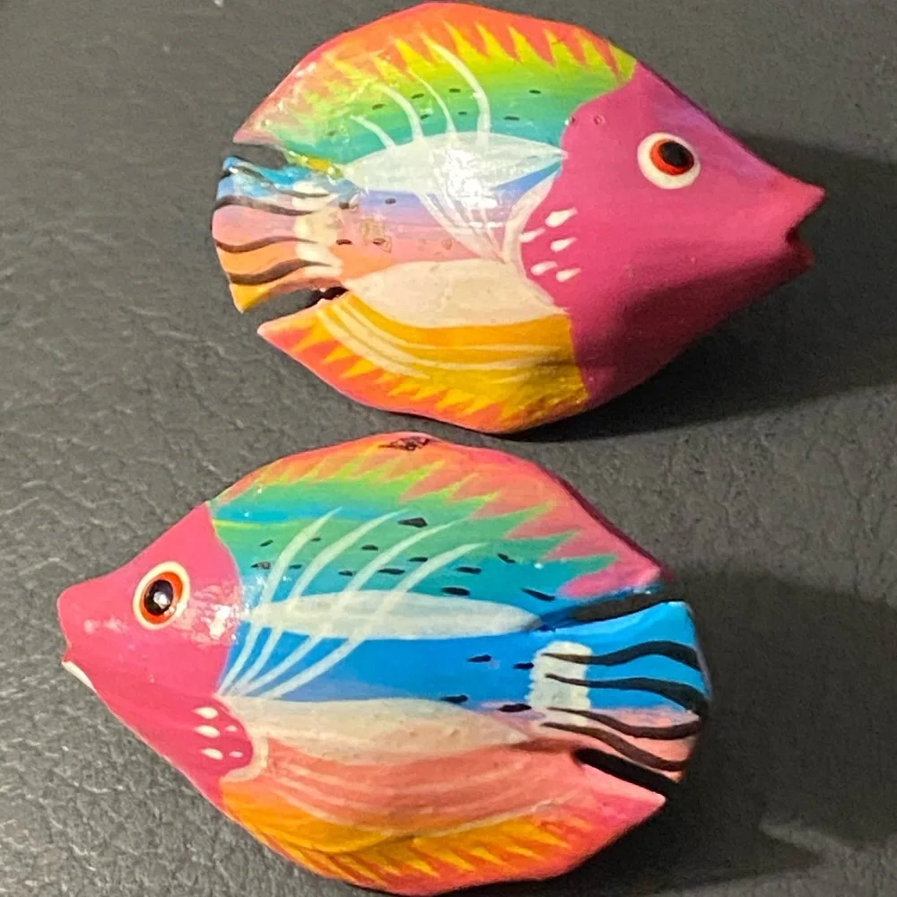 Vintage Colorful Wooden Hand Crafted Earrings Pierced Tropical Fish Design